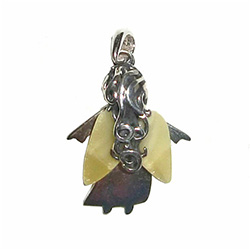 Cute little miniature angel in sterling silver pendant with milky amber wings.