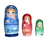 Set of three hand painted nesting dolls depicting ladies in three stages of life: a child, an adult, and an old lady.  In each doll, their finger points to either the month, the day or the year (from 2010 to 2019).  This can be used on your desk as a 10-y