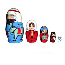 Set of five hand-painted nesting dolls depicting the Holy Family and the visitation of the three wise men at the Nativity scene.