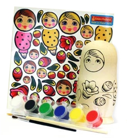 Complete do-it-yourself decorating kit for five nesting dolls.  Everything you need is included:  Five nesting dolls, paints, brushes, decals and a detailed instruction booklet.  There are three options for artistry, depending on the age and skill level.