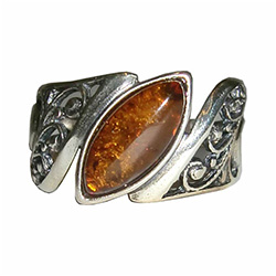 Marquise cut honey amber ring set in sterling silver.