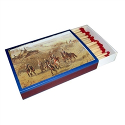 Large box of 100 long matches featuring a panoramic scene of the battle of Raclawice. Exact portion of scene may vary.