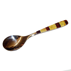 Very elegant stainless steel demitasse spoon (smaller than a teaspoon), with the handle decorated with bands of cream, cherry, honey and green amber.  Amber craftsmanship is from Lithuania and the stainless steel spoon is from Brazil.