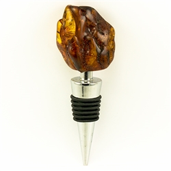 Modern design chrome-plated wine stopper with a large chunk of highly-polished honey amber at the top.  Soft-rubber segmented gasket ensures a tight seal in the neck of the bottle.