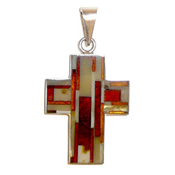 Beautiful 2" (5cm) total length inlaid mosaic honey, cream, and cherry amber cross pendant, set in sterling silver.  Each piece is unique so designs vary.  No two designs exactly alike.