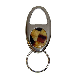 Classy chrome and inlaid honey, cream and cherry Baltic amber oval keychain with bottle opener.  Great souvenir gift.