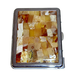 Unique and beautifully hand-crafted cigarette case with built-in cigarette lighter.  Both front and back panels are decorated in beveled highly-polished multi-colored shades of honey, cream and green amber, surrounded by brilliant chrome-plated brass.