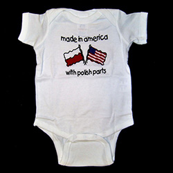 This 100% cotton youth T-shirt, baby onesie romper, emblazoned with the saying "Made in America with Polish Parts".