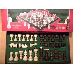 All wood chess set from Poland featuring portraits of the 32 kings of Poland and their dates of reign beginning with Mieszko I in 960 and ending with Stanislaus August Poniatowski in 1795.