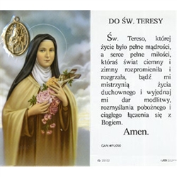 Saint Teresa - Polish - Sw. Teresy - Holy Card Plastic Coated. Picture is on the front, Polish text is on the back of the card. Latest version has a medal under the plastic cover