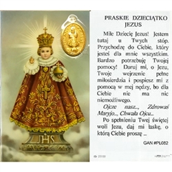 Infant of Prague  - Polish - Praskie Dzieciatko Jezus - Holy Card Plastic Coated. Picture is on the front, Polish text is on the back of the card.