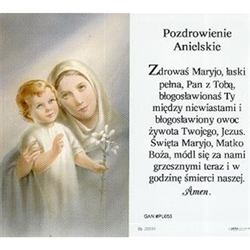 Hail Mary  - Polish - Pozdrowienie Anielskie - Holy Card Plastic Coated. Picture is on the front, Polish text is on the back of the card.