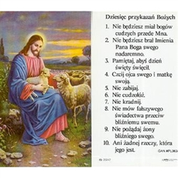 10 Commandments - Polish - Dziesiec przykazan Bozych -  Holy Card Plastic Coated. Picture is on the front, Polish text is on the back of the card.