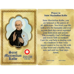 Saint Maximillian Kolbe Prayer Card with 3rd class relic.  St. Maximilian Kolbe is considered a patron of journalists, families, prisoners, the pro-life movement and the chemically addicted.