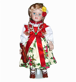 With porcelain head, arms & legs, and hand made authentic dress, this is a beautiful doll! Costume is hand made so details will vary from doll to doll.
Doll stand included.