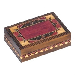 Dedication Box that could easily have an engraved plate added.  This box is decorated with a border pattern accented by metal inlay on the top and a band of hearts around the base.  Engraved plate not included.