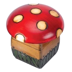 Mushroom Box. This cute box is decorated as a speckled top mushroom sitting grass.