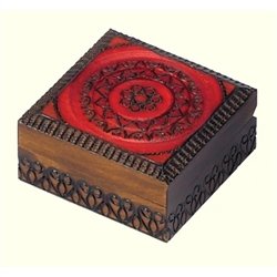 Polish Art Center - Circle Pattern Box that is deeply carved with a circular heart design and a red finish accent on the lid. It is a perfect size to hold a favorite ring, necklace or even a rosary!