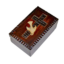 The Holy Spirit Polish  Box is a small box with the cross and Holy Spirit carved with a texture design and accented with metal inlay.