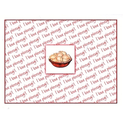 Delightful little note card, showing a bowl of Polish Pierogi over a background; "I love pierogi!" written in red.  Blank inside so you may customize your message.  Use this for any occasion.  Includes red envelope.