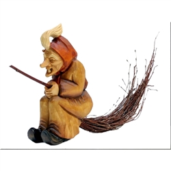 Our Polish Kitchen Witch is riding on a broom made from real willow.  Nicely carved and stained. Broom is in two pieces and inserted into the body of the witch.