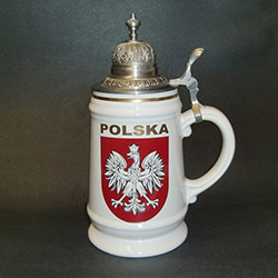 Beautiful White Stein featuring the Polish white eagle on a red crest on two sides.