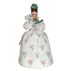 The Krakow costume is considered to be Polands national folk costume and is certainly the best known.  This Krakow wedding girl has a special secret.  She has a hidden compartment under her dress that opens and is ideal for storing small keepsakes.
