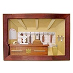 Poland has a long history of craftsmen working with wood in southern Poland. Their workshops produce beautiful hand made boxes, plates and carvings.  This shadow box is a look inside a traditional butcher shop - Price list in Polish.
Entirely made by han