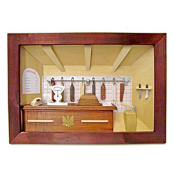 Poland has a long history of craftsmen working with wood in southern Poland. Their workshops produce beautiful hand made boxes, plates and carvings.  This shadow box is a look inside a traditional butcher shop - Price list in Polish.
Entirely made by han