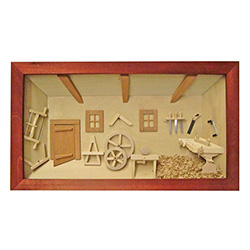 Poland has a long history of craftsmen working with wood in southern Poland. Their workshops produce beautiful hand made boxes, plates and carvings.  This shadow box is a look inside a traditional Polish carpenter's shop