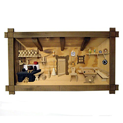 Poland has a long history of craftsmen working with wood in southern Poland. Their workshops produce beautiful hand made boxes, plates and carvings.  This shadow box is a look inside a Polish village home.
Entirely made by hand so no two are exactly alik