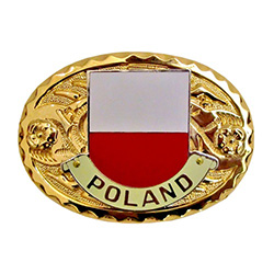 Display your Polish pride with this oval gold plated buckle featuring the Polish flag in the center.