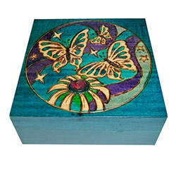 This beautiful box is made of seasoned Linden wood, from the Tatra Mountain region of Poland.  The top is adorned with the butterflies.