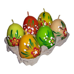 Set of 6 assorted candle eggs decorated with pussy willow, pisanki style.  The eggs are even packaged in a traditional Polish cardboard egg carrier you see at the supermarket.