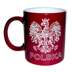 Ceramic Polish coffee mug, which features the emblem of Poland, the Polish crowned eagle and the word Polska (Poland).
