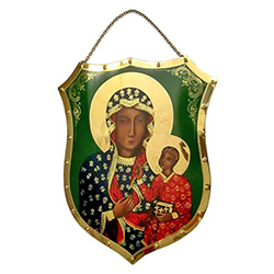 Impressive brass metal shield featuring Our Lady of Czestochowa.