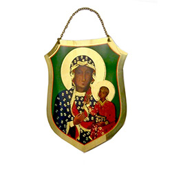 Impressive brass metal shield featuring Our Lady of Czestochowa. Size approx 7.5" not including the chain x 6" wide.
