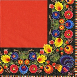 'Royal Elegance Red'.  Three ply napkins with water based paints used in the printing process.   They are a red center design in full color with a traditional Lowicz Wycinanki (paper cut out) pattern that boarders the whole napkin!