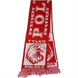 Display your Polish heritage!  Polska scarves are worn in Poland at all major sporting events.  Features Poland's national symbol the crowned white eagle bordered by the phrase "Tylko Polska",  "Zwyciezy Orzel Bialy" - "The White Eagle Prevails" and "Zwyc