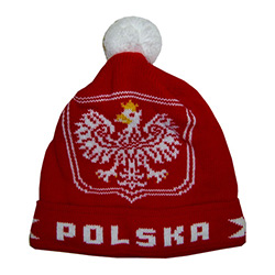 Display your Polish heritage!  Red stretch ribbed-knit skull cap, which features Poland's national symbol the crowned white eagle flanked on either side with the Polish flag and on the bottom with the word Polska (Poland).   Easy care acrylic fabric.  Imp