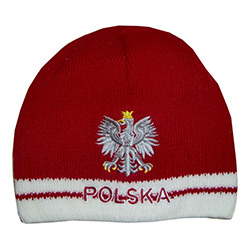 Display your Polish heritage!  Red and white stretch ribbed-knit skull cap with the word Polska (Poland) on the front just below Poland's national symbol, the white eagle.  Easy care acrylic fabric.  Once size fits all.   Imported from Poland.