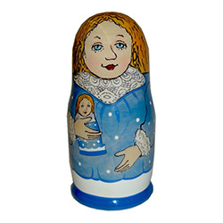This is the doll that accompanies the book, "How the Russian Snow Maiden Helped Santa.  The book tells the story of a child's self-discovery while it introduces a bit of Russian and a few traditions of a far-away country.  The accompanying 5 pieced doll i
