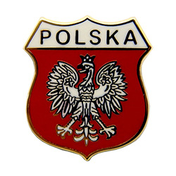 The White Eagle Polish: Orzel Bialy is the national coat of arms of Poland. It is a stylized white eagle wearing a golden crown, in a red shield.  This attractive replica pin features the word Polska.