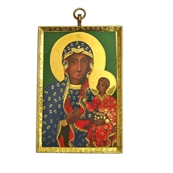 Impressive engraved brass metal plate with a painted center of Our Lady of Czestochowa mounted on wood with a brass frame. Size is approx 7.5" x 5.1" x 0.5"