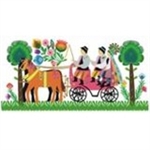 A Polish paper cut scene of a traditional wedding couple from the Lowicz region being driven to their reception.