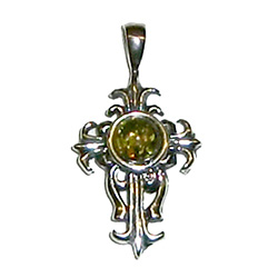 Stylized sterling silver cross pendant with a center of green amber.