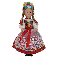 This doll, dressed in a handmade traditional Krakowianka outfit, wonderfully crafted and fun to collect. The detailed costume is hand made in Krakow, vest colors and designs may vary.
Costume description: women's outfit: tibet, red, floral skirt, tulle