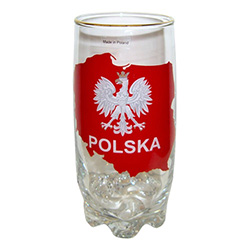 Attractive water sized glass with the Polish eagle superimposed on the outline of the map of Poland.  Features a gold-rim decoration, and a heavyweight wavy-bottom design.