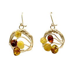 Very original contemporary design wire-woven multi-color amber earrings, in a semi-circle shape.  Amber beads are honey, citrine, cream-colored and cognac.  Matching pendant available - item 9704281.