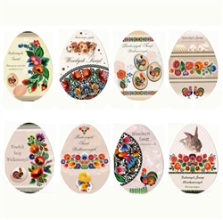 Set of 8 full color glossy Easter cards, featuring folk and pisanki pictures and themes.  The envelopes feature pictures and fancy graphics of both front and back.  Very elegant!  Text varies on each card.